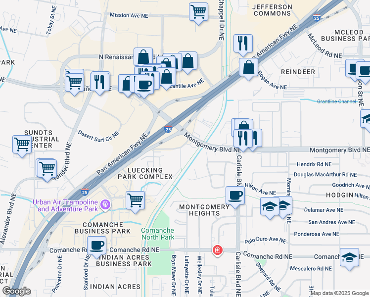 map of restaurants, bars, coffee shops, grocery stores, and more near 4300 Bryn Mawr Drive Northeast in Albuquerque