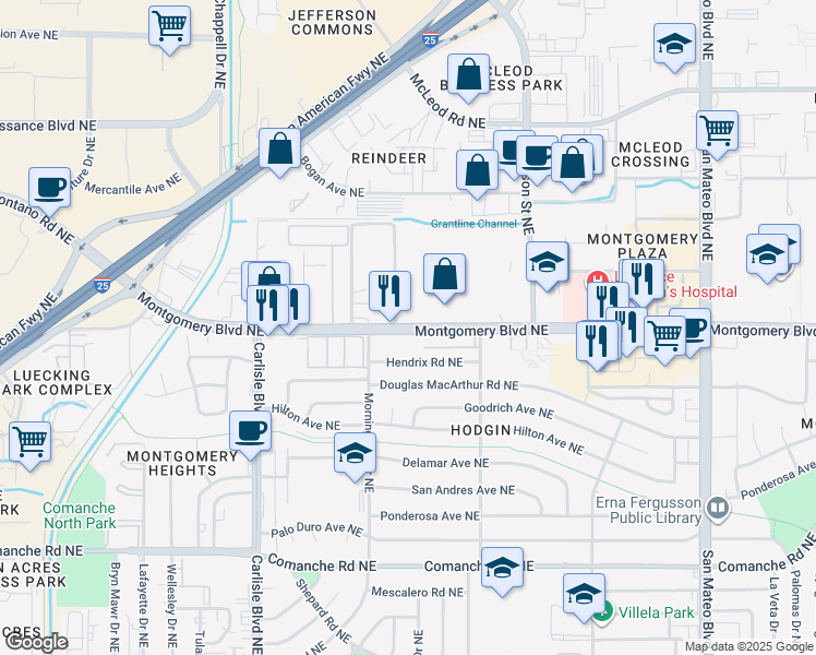 map of restaurants, bars, coffee shops, grocery stores, and more near 4273 Montgomery Boulevard Northeast in Albuquerque