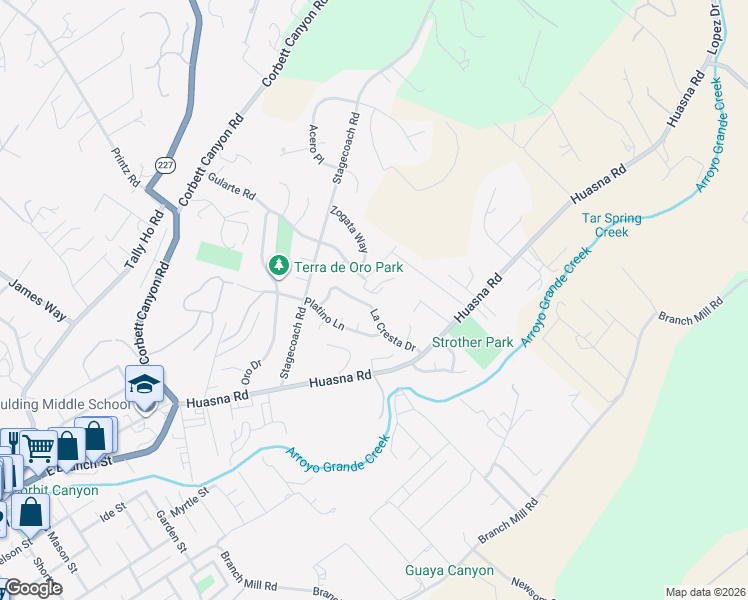 map of restaurants, bars, coffee shops, grocery stores, and more near 241 La Cresta Drive in Arroyo Grande