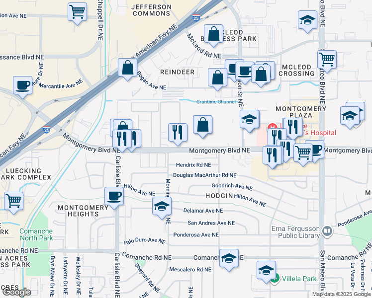 map of restaurants, bars, coffee shops, grocery stores, and more near 4273 Montgomery Boulevard Northeast in Albuquerque