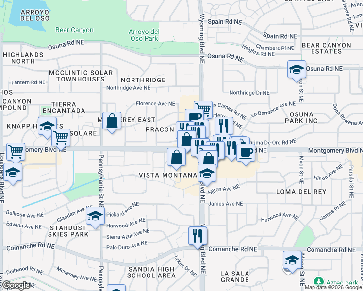 map of restaurants, bars, coffee shops, grocery stores, and more near 4512 Norma Drive Northeast in Albuquerque