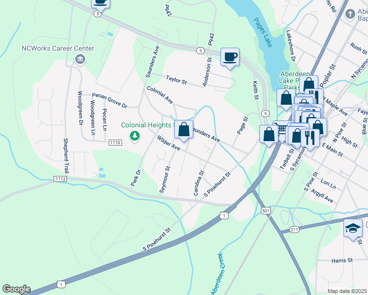 map of restaurants, bars, coffee shops, grocery stores, and more near 412 Sanborn Street in Aberdeen