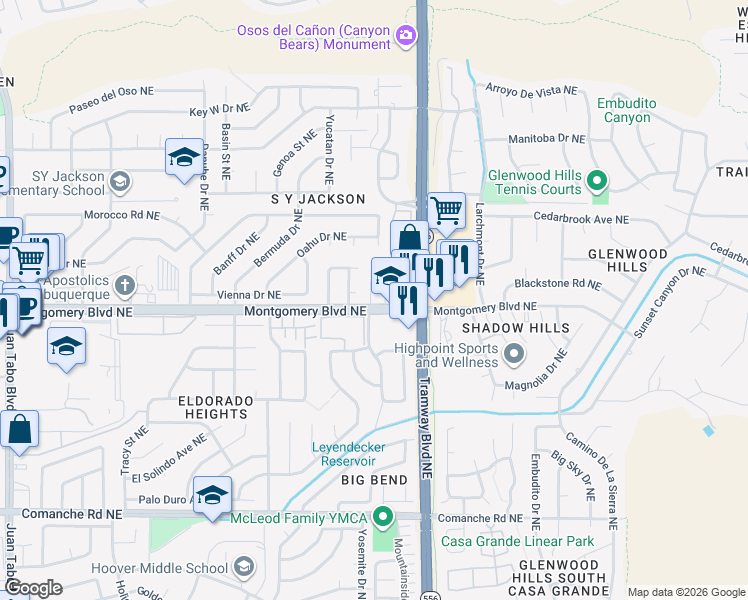 map of restaurants, bars, coffee shops, grocery stores, and more near 4571 Villa Loma Lane Northeast in Albuquerque
