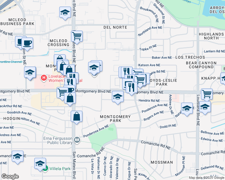 map of restaurants, bars, coffee shops, grocery stores, and more near 5327 Montgomery Boulevard Northeast in Albuquerque