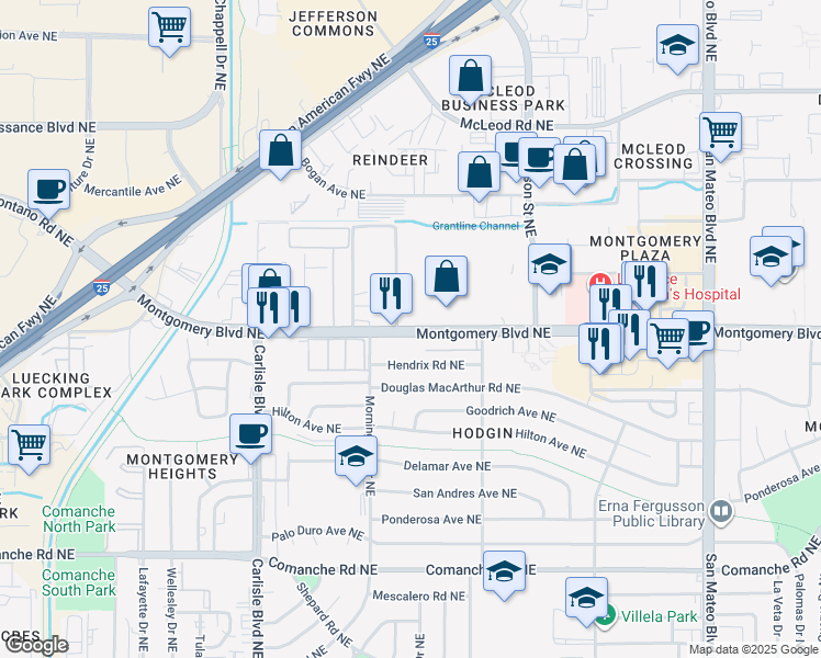 map of restaurants, bars, coffee shops, grocery stores, and more near 4169 Montgomery Boulevard Northeast in Albuquerque