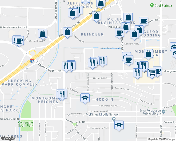 map of restaurants, bars, coffee shops, grocery stores, and more near 4057 Montgomery Boulevard Northeast in Albuquerque