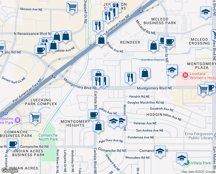 map of restaurants, bars, coffee shops, grocery stores, and more near 3825 Montgomery Boulevard Northeast in Albuquerque