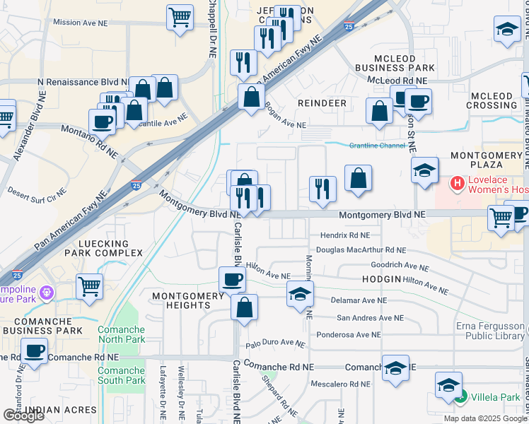 map of restaurants, bars, coffee shops, grocery stores, and more near 3825 Montgomery Boulevard Northeast in Albuquerque