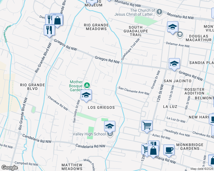 map of restaurants, bars, coffee shops, grocery stores, and more near 1301 Avenida Cristo Rey Northwest in Albuquerque