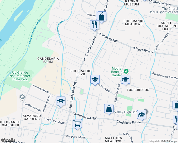 map of restaurants, bars, coffee shops, grocery stores, and more near 3571 Luke Circle Northwest in Albuquerque