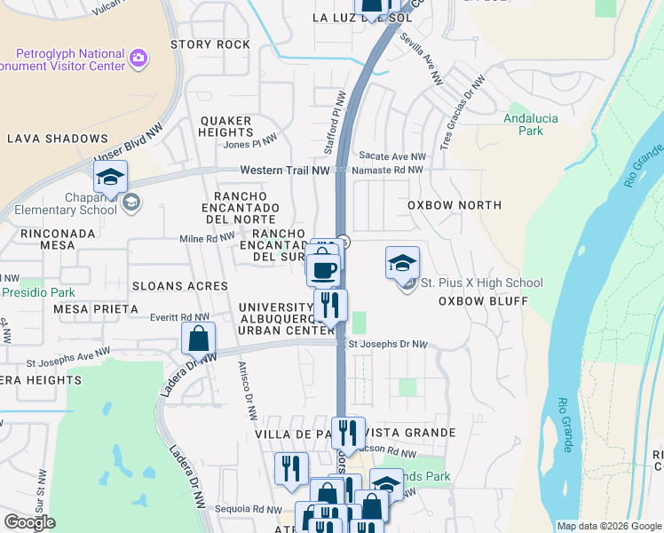 map of restaurants, bars, coffee shops, grocery stores, and more near 4351 Coors Boulevard Northwest in Albuquerque