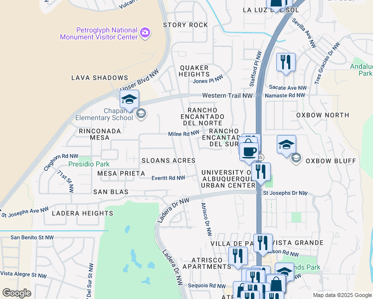 map of restaurants, bars, coffee shops, grocery stores, and more near 4224 Estancia Drive Northwest in Albuquerque