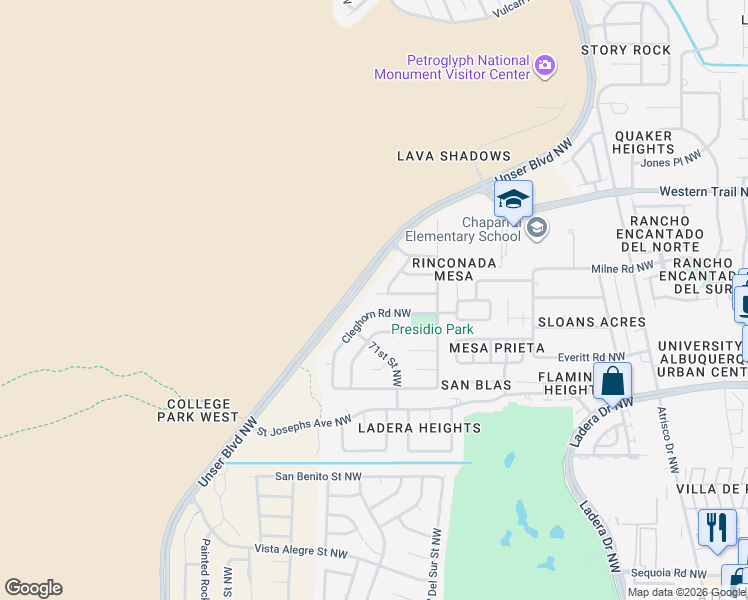 map of restaurants, bars, coffee shops, grocery stores, and more near 6919 Boca Negra Place Northwest in Albuquerque