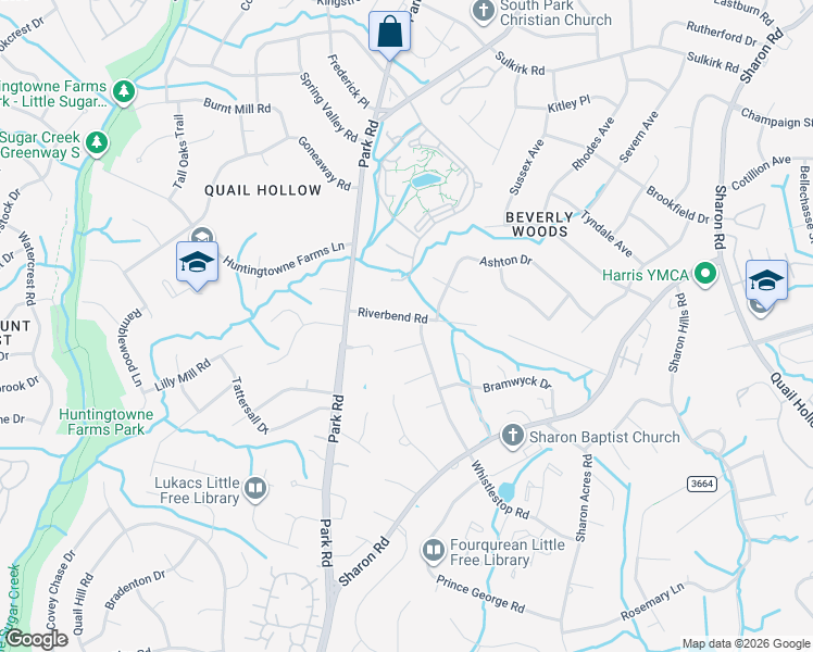 map of restaurants, bars, coffee shops, grocery stores, and more near 3809 Riverbend Road in Charlotte
