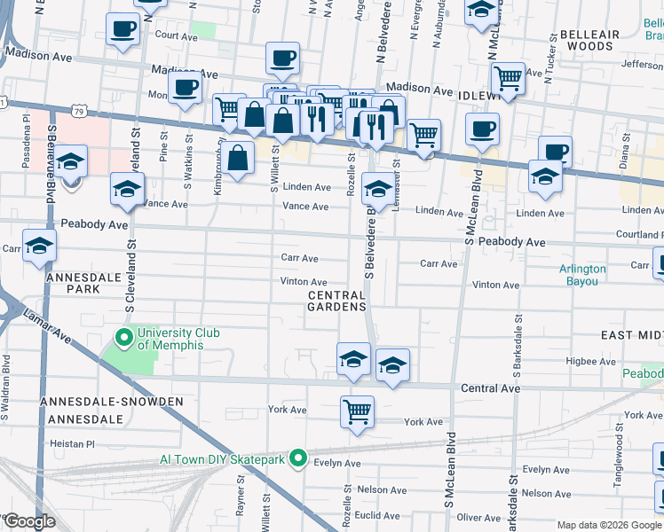 map of restaurants, bars, coffee shops, grocery stores, and more near 1628 Carr Avenue in Memphis