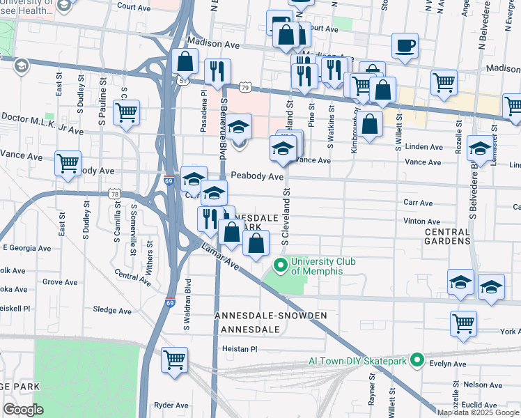 map of restaurants, bars, coffee shops, grocery stores, and more near 1317 Carr Avenue in Memphis