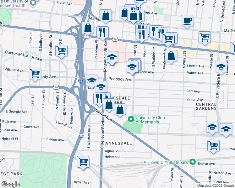 map of restaurants, bars, coffee shops, grocery stores, and more near 1265 Carr Avenue in Memphis