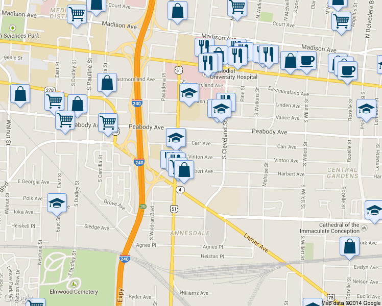 map of restaurants, bars, coffee shops, grocery stores, and more near 1265 Carr Avenue in Memphis
