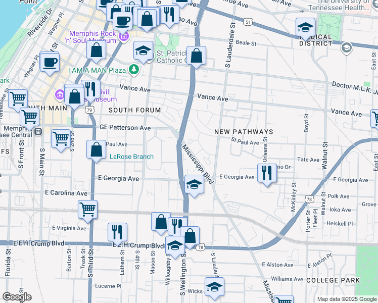 map of restaurants, bars, coffee shops, grocery stores, and more near 578 Mississippi Boulevard in Memphis