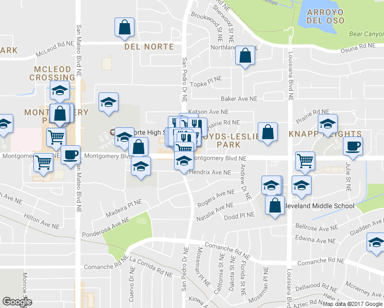 map of restaurants, bars, coffee shops, grocery stores, and more near 6205 Montgomery Boulevard Northeast in Albuquerque