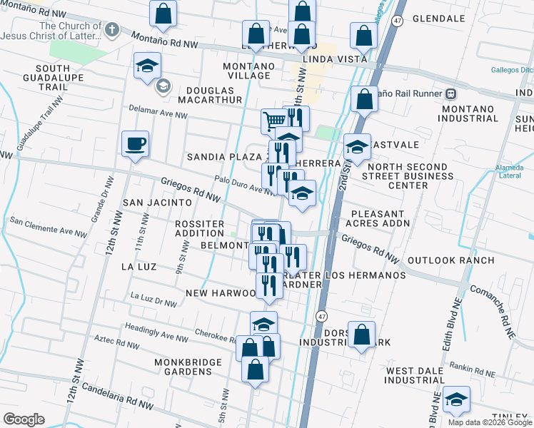 map of restaurants, bars, coffee shops, grocery stores, and more near 4701 4th Street Northwest in Albuquerque