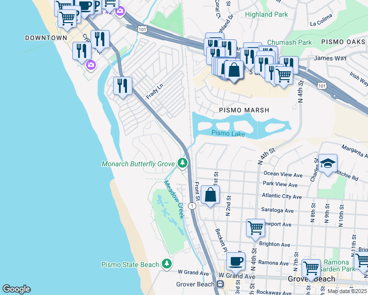 map of restaurants, bars, coffee shops, grocery stores, and more near 399 South Dolliver Street in Pismo Beach