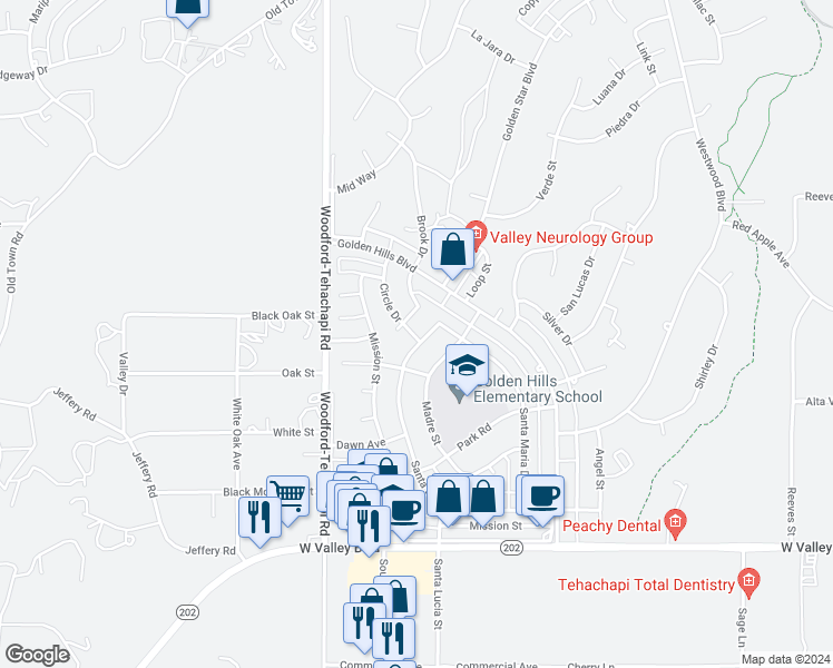 map of restaurants, bars, coffee shops, grocery stores, and more near 21441 Santa Barbara Drive in Tehachapi