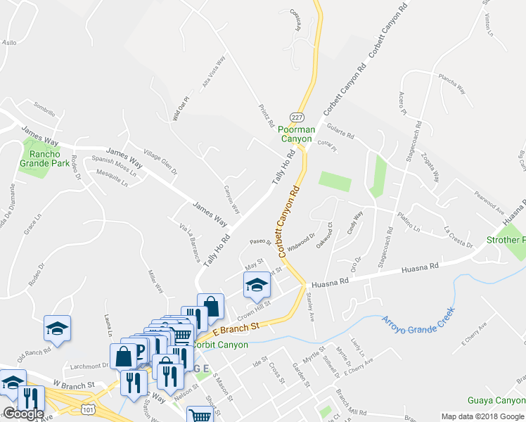map of restaurants, bars, coffee shops, grocery stores, and more near 280 Tally Ho Road in Arroyo Grande