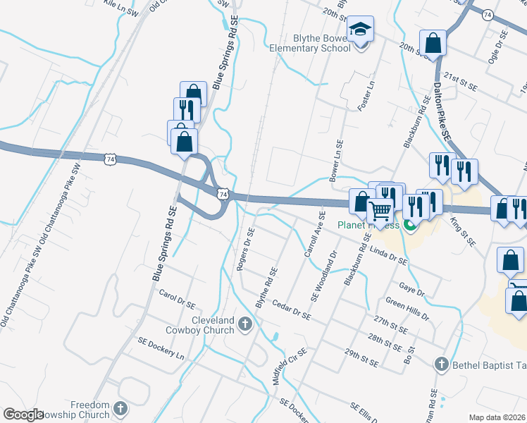 map of restaurants, bars, coffee shops, grocery stores, and more near 470 Linda Drive Southeast in Cleveland