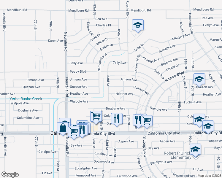 map of restaurants, bars, coffee shops, grocery stores, and more near 8301 Quezon Avenue in California City