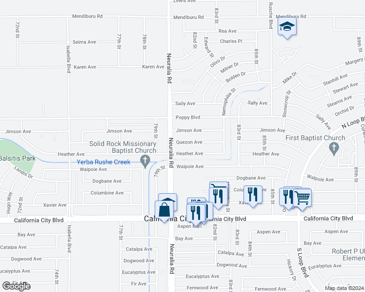 map of restaurants, bars, coffee shops, grocery stores, and more near 8018 Quezon Avenue in California City