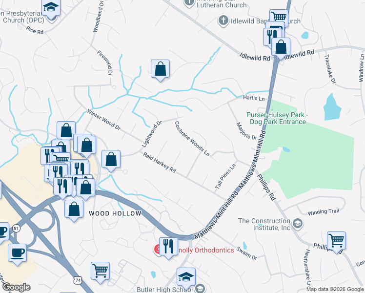 map of restaurants, bars, coffee shops, grocery stores, and more near 1310 Cochrane Woods Lane in Matthews