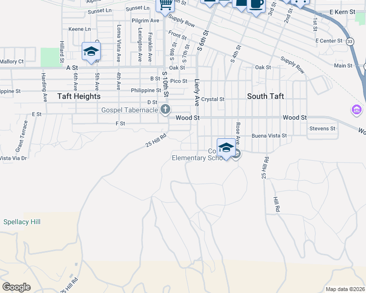 map of restaurants, bars, coffee shops, grocery stores, and more near 122 Q Street in Taft