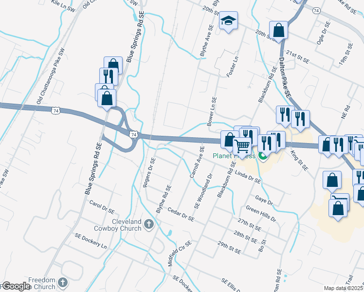 map of restaurants, bars, coffee shops, grocery stores, and more near 561 Linda Drive Southeast in Cleveland
