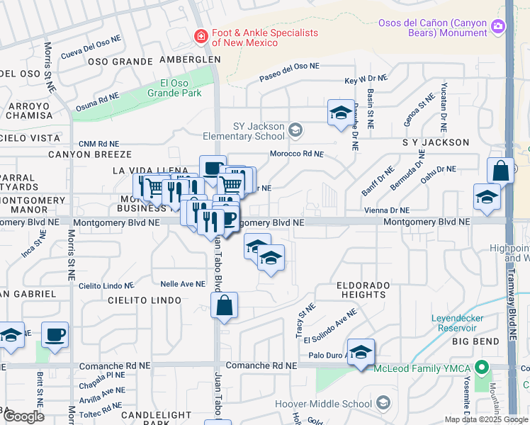 map of restaurants, bars, coffee shops, grocery stores, and more near 11321 Montgomery Boulevard Northeast in Albuquerque