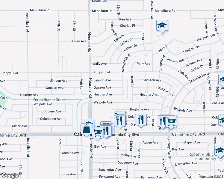 map of restaurants, bars, coffee shops, grocery stores, and more near 8136 Quezon Avenue in California City