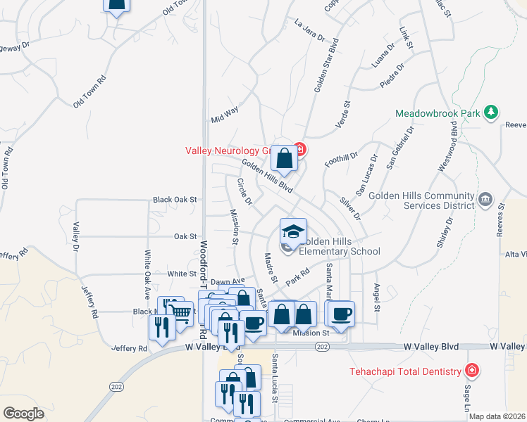 map of restaurants, bars, coffee shops, grocery stores, and more near 21520 Brook Drive in Tehachapi