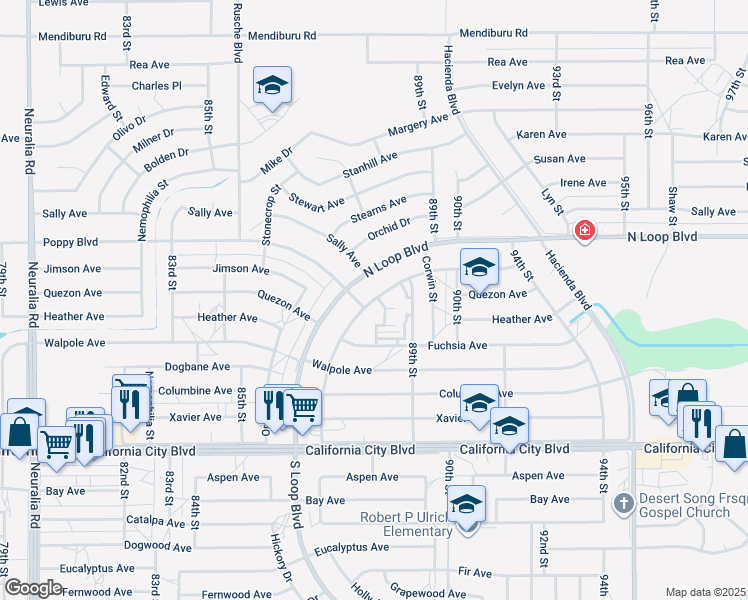 map of restaurants, bars, coffee shops, grocery stores, and more near Lupine Loop Drive in California City