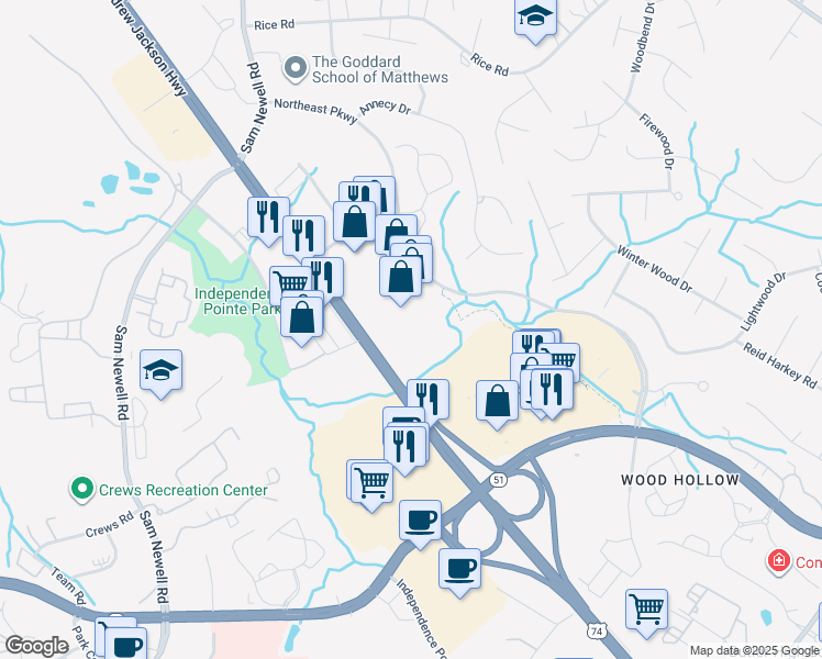 map of restaurants, bars, coffee shops, grocery stores, and more near 10101 East Independence Boulevard in Matthews
