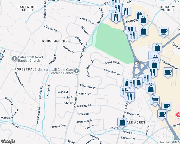 map of restaurants, bars, coffee shops, grocery stores, and more near 4526 Cloverdale Loop in Chattanooga