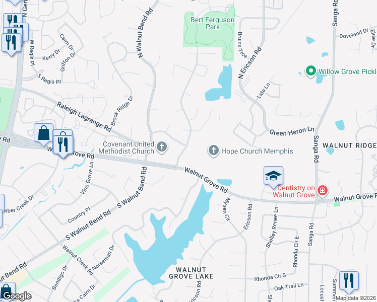 map of restaurants, bars, coffee shops, grocery stores, and more near 238 Walnut Trace Drive in Memphis