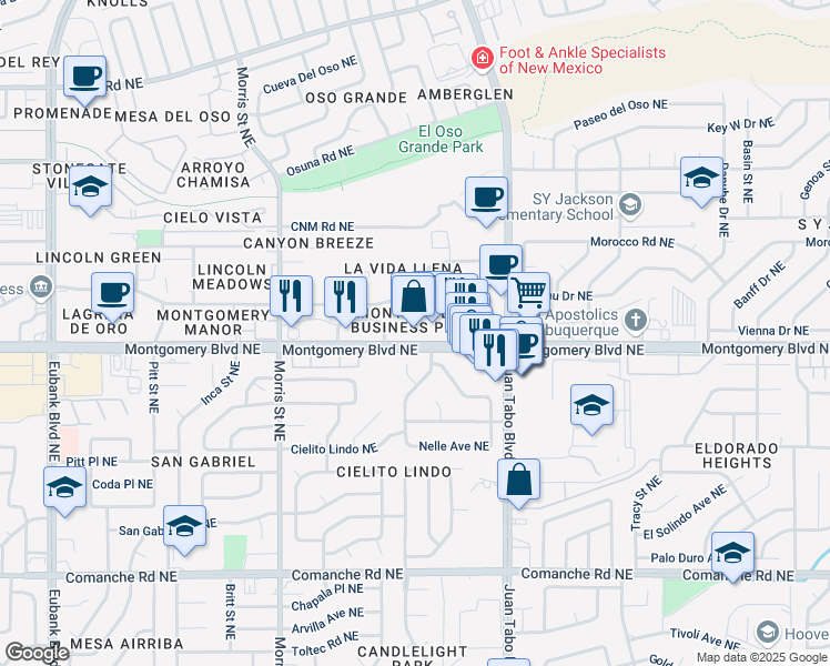 map of restaurants, bars, coffee shops, grocery stores, and more near 10655 Montgomery Boulevard Northeast in Albuquerque