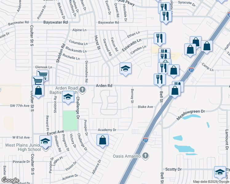map of restaurants, bars, coffee shops, grocery stores, and more near 6405 Arden Road in Amarillo