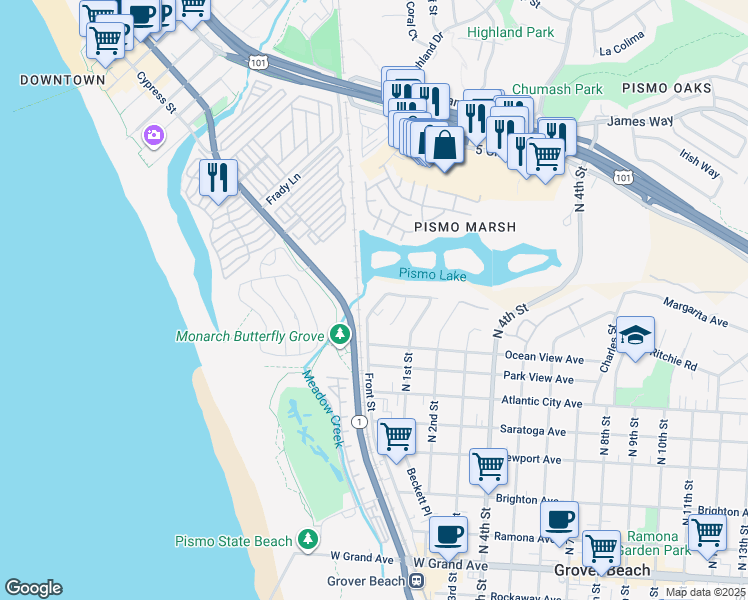 map of restaurants, bars, coffee shops, grocery stores, and more near 897 Front Street in Grover Beach