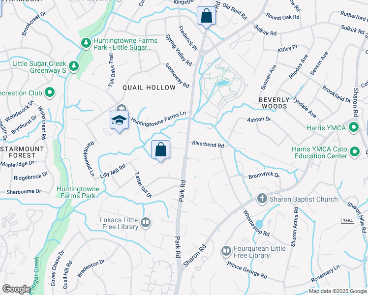 map of restaurants, bars, coffee shops, grocery stores, and more near 2827 Creekbed Lane in Charlotte