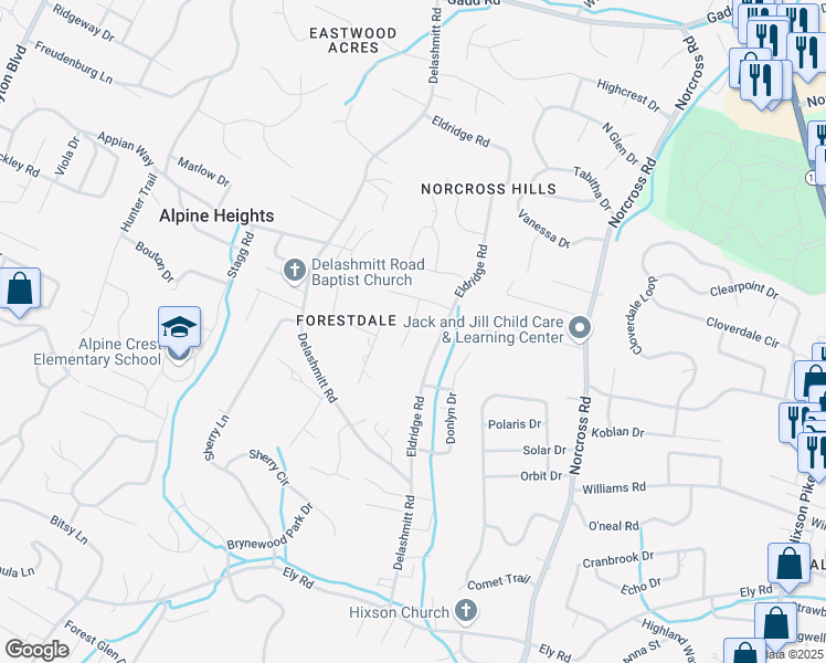 map of restaurants, bars, coffee shops, grocery stores, and more near 4795 Forest Wood Lane in Chattanooga