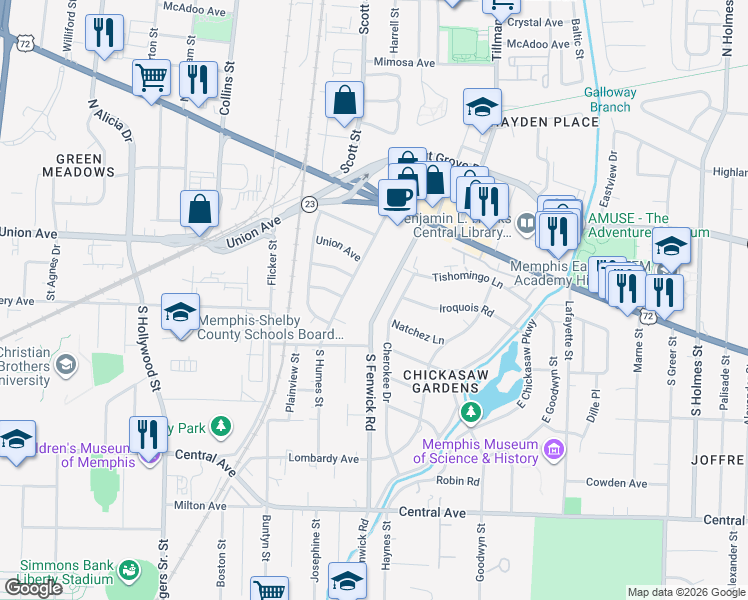 map of restaurants, bars, coffee shops, grocery stores, and more near 27 South Fenwick Road in Memphis
