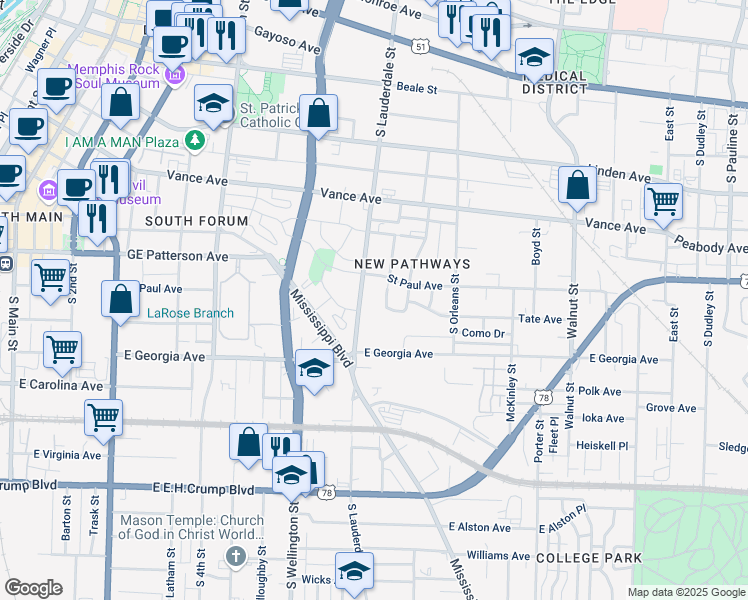 map of restaurants, bars, coffee shops, grocery stores, and more near 440 South Lauderdale Street in Memphis