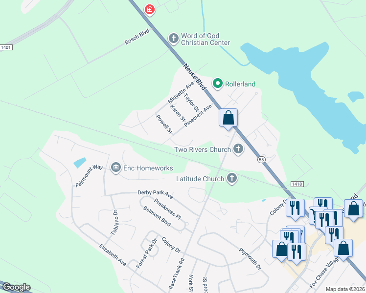 map of restaurants, bars, coffee shops, grocery stores, and more near 3417 Richard Court in New Bern