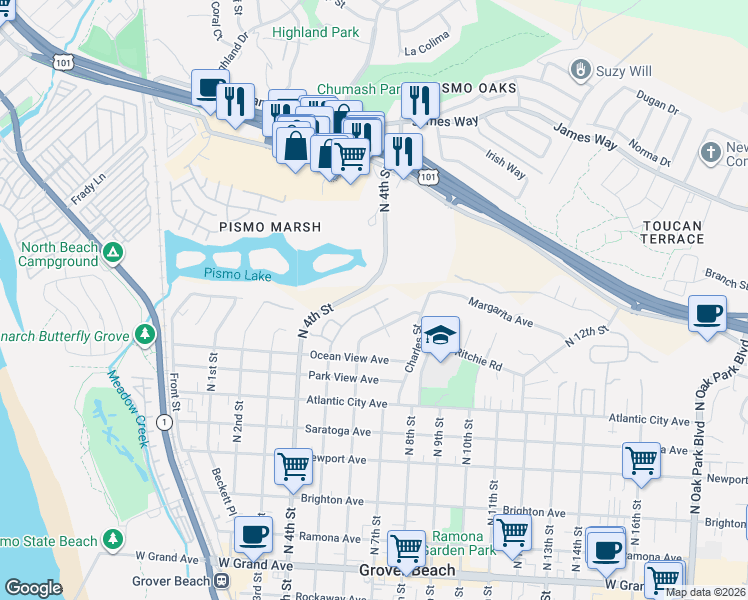 map of restaurants, bars, coffee shops, grocery stores, and more near 913 North 5th Street in Grover Beach